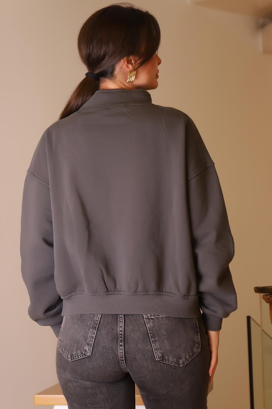 YAKASI FERMUARLI UZUN KOLLU ANTRASİT KADIN SWEATSHİRT  W0011135-2K5