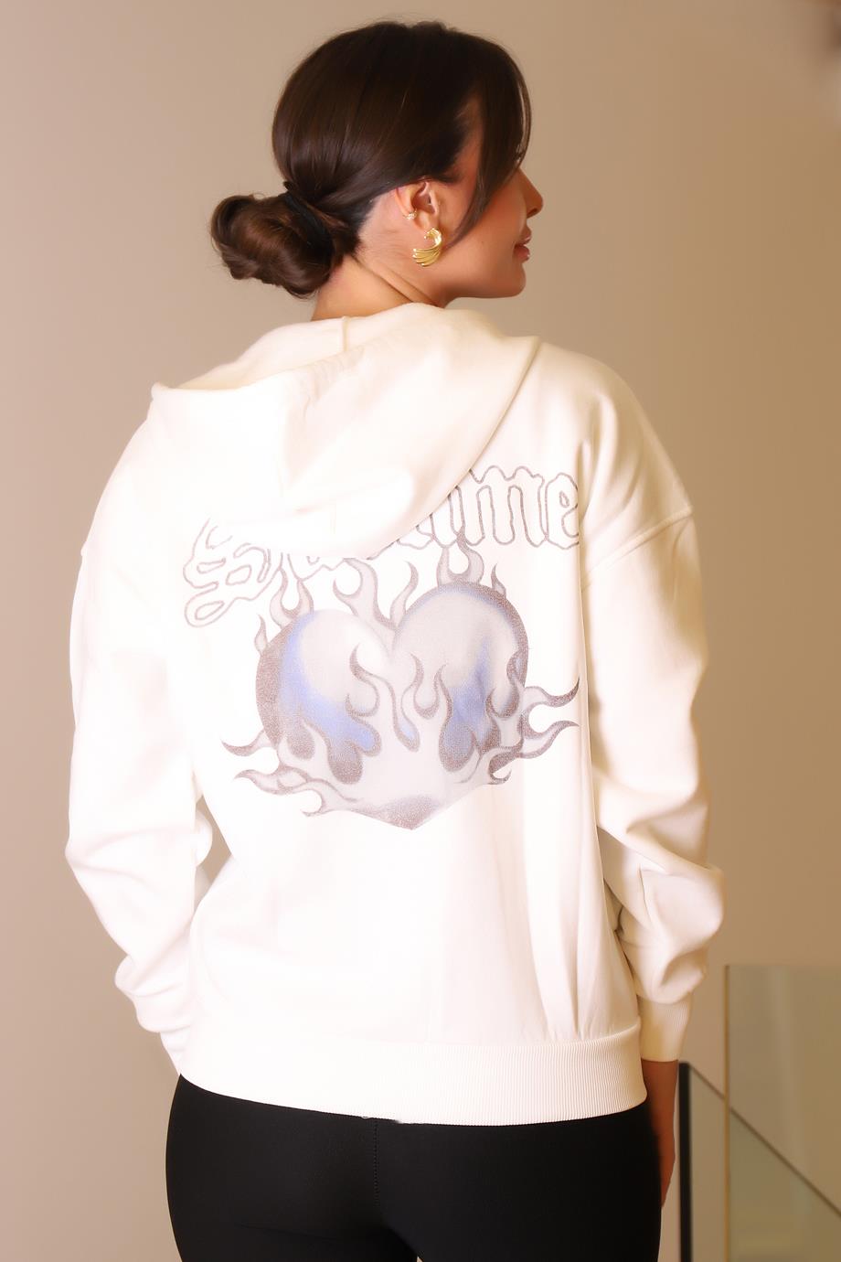 UZUN KOLLU KAPÜŞONLU EKRU KADIN SWEATSHİRT  W0011238-2K5