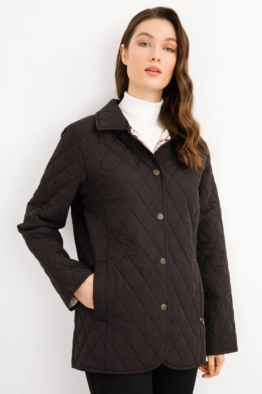 POLO YAKA ÇITÇITLI SİYAH KADIN CEKET 21433-2K5