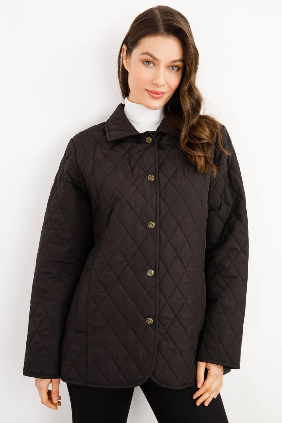 POLO YAKA ÇITÇITLI SİYAH KADIN CEKET 21433-2K5