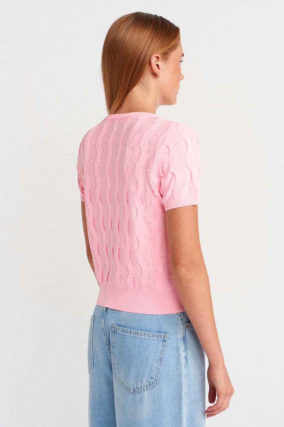 Bisiklet Yaka Dokulu Triko Bluz-Pembe 10788-2Y6