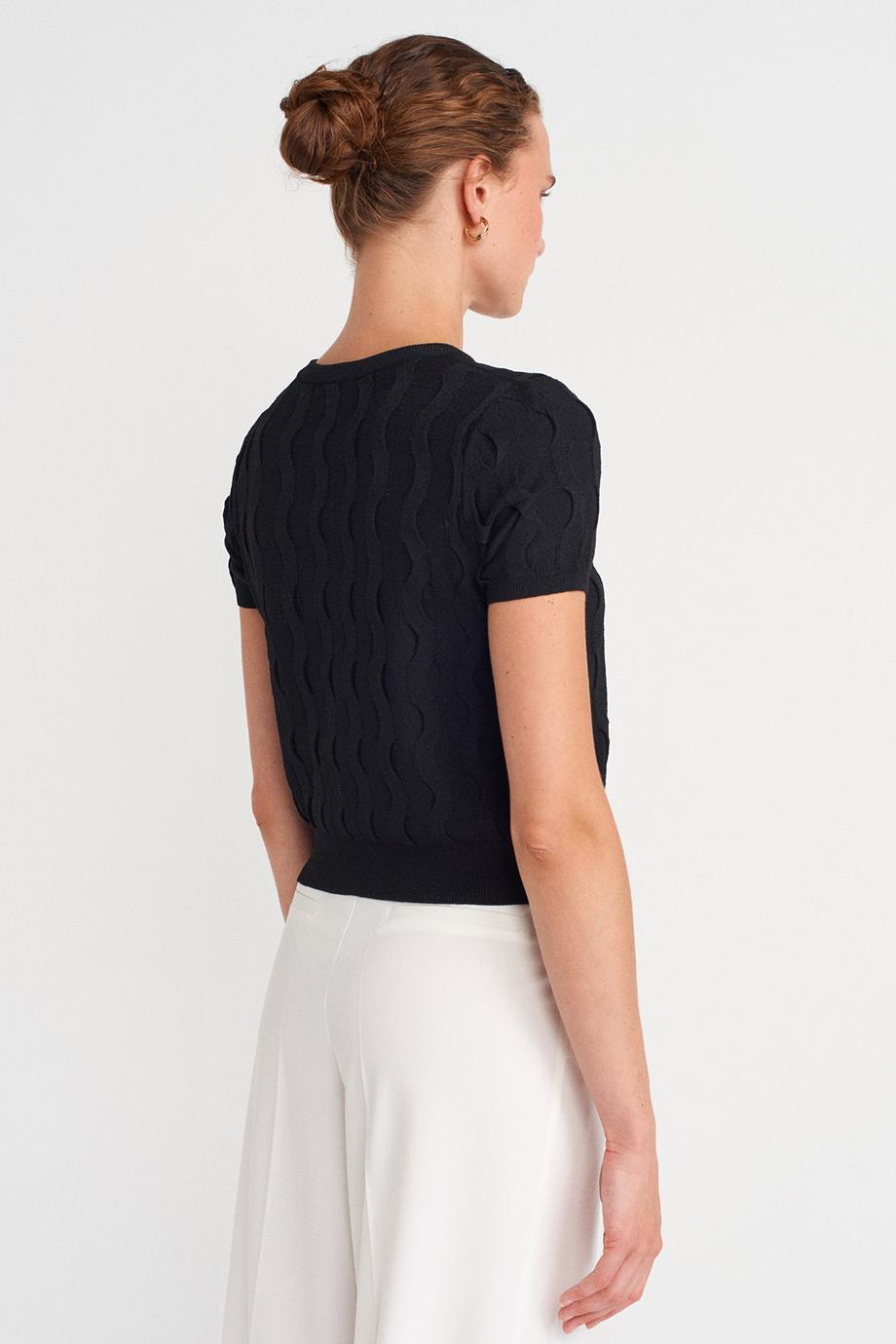 Bisiklet Yaka Dokulu Triko Bluz-Siyah 10788-2Y6
