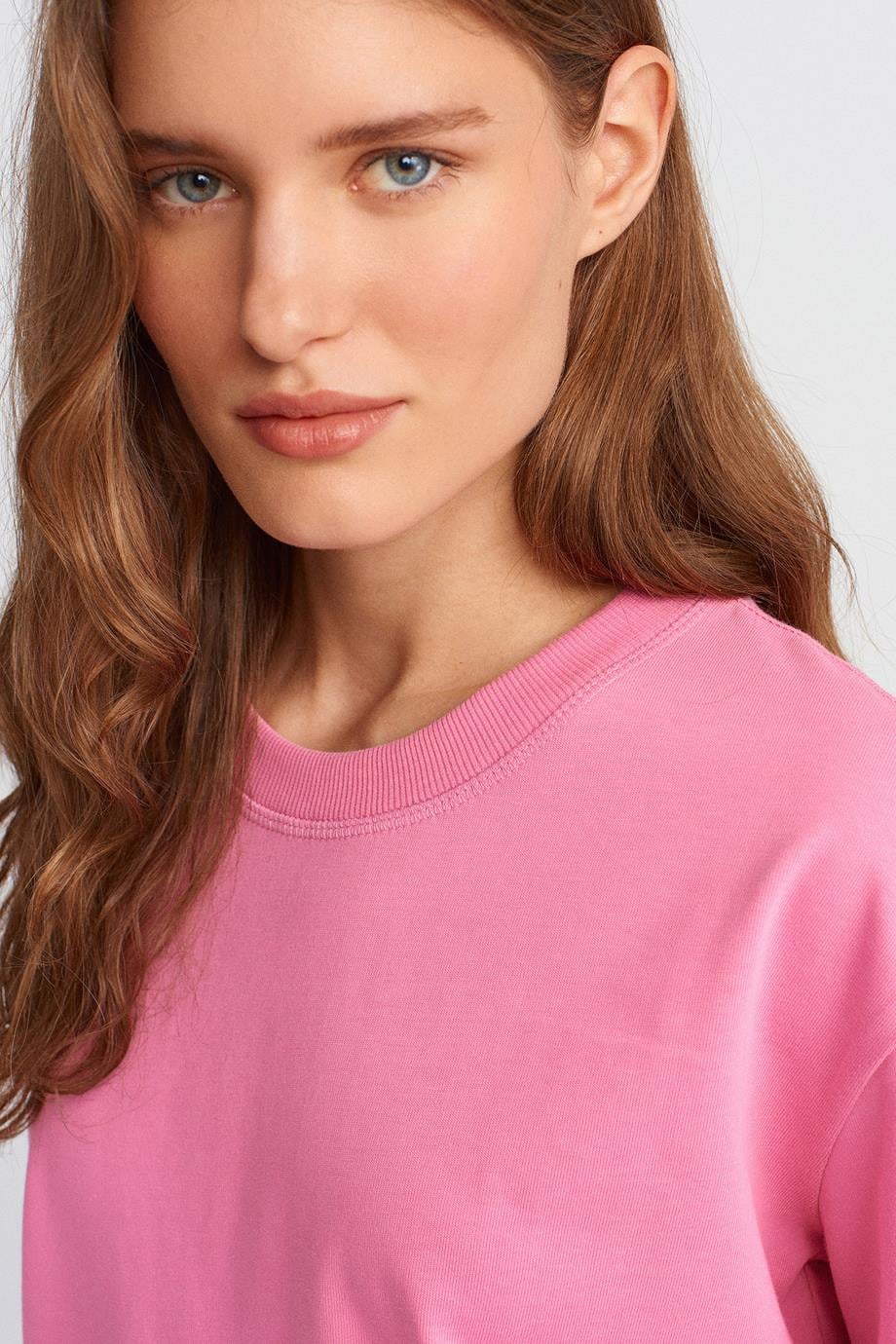%100 Pamuk Dekoratif Dikişli Bisiklet Yaka T-shirt-Pembe 30312-2Y6