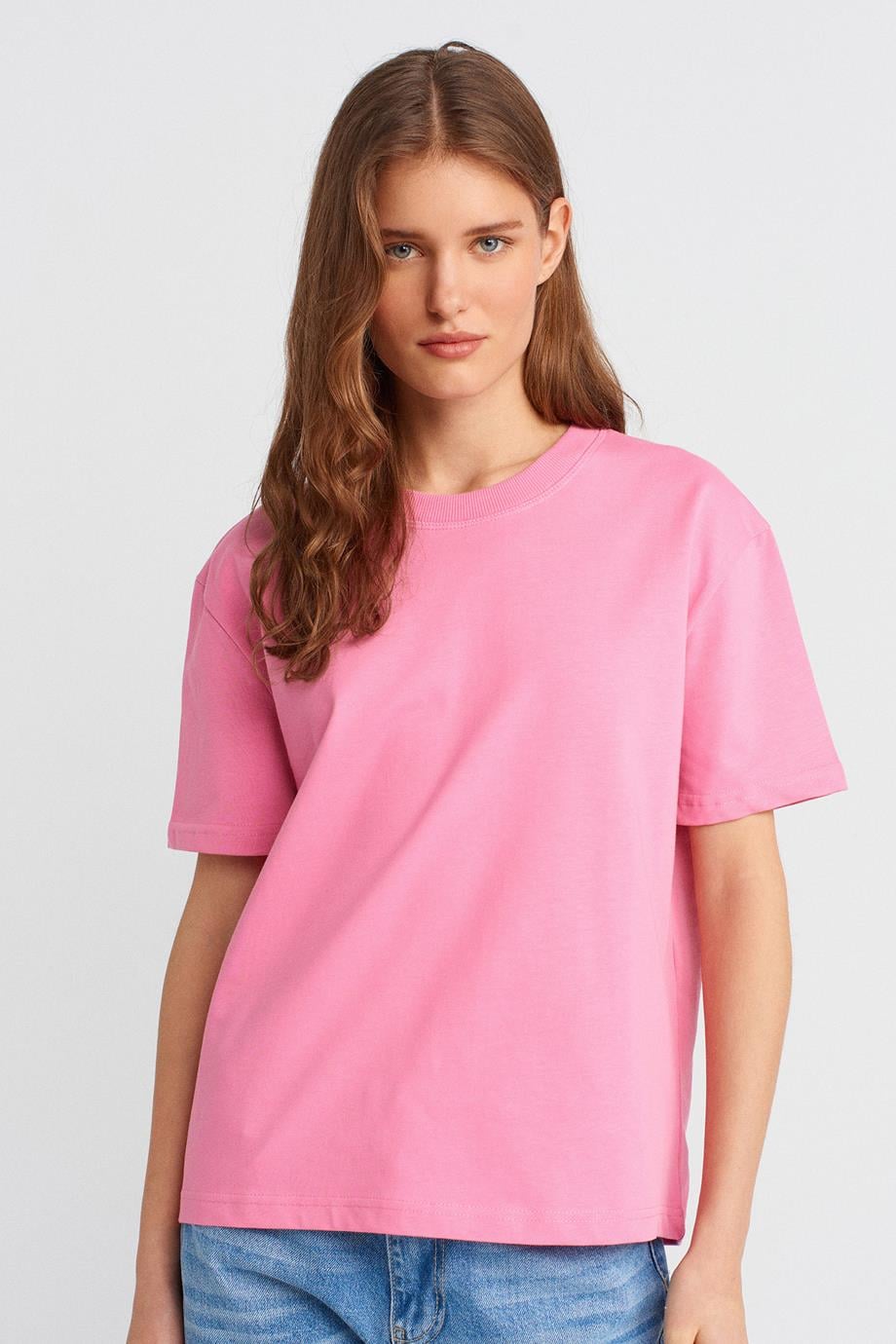 %100 Pamuk Dekoratif Dikişli Bisiklet Yaka T-shirt-Pembe 30312-2Y6