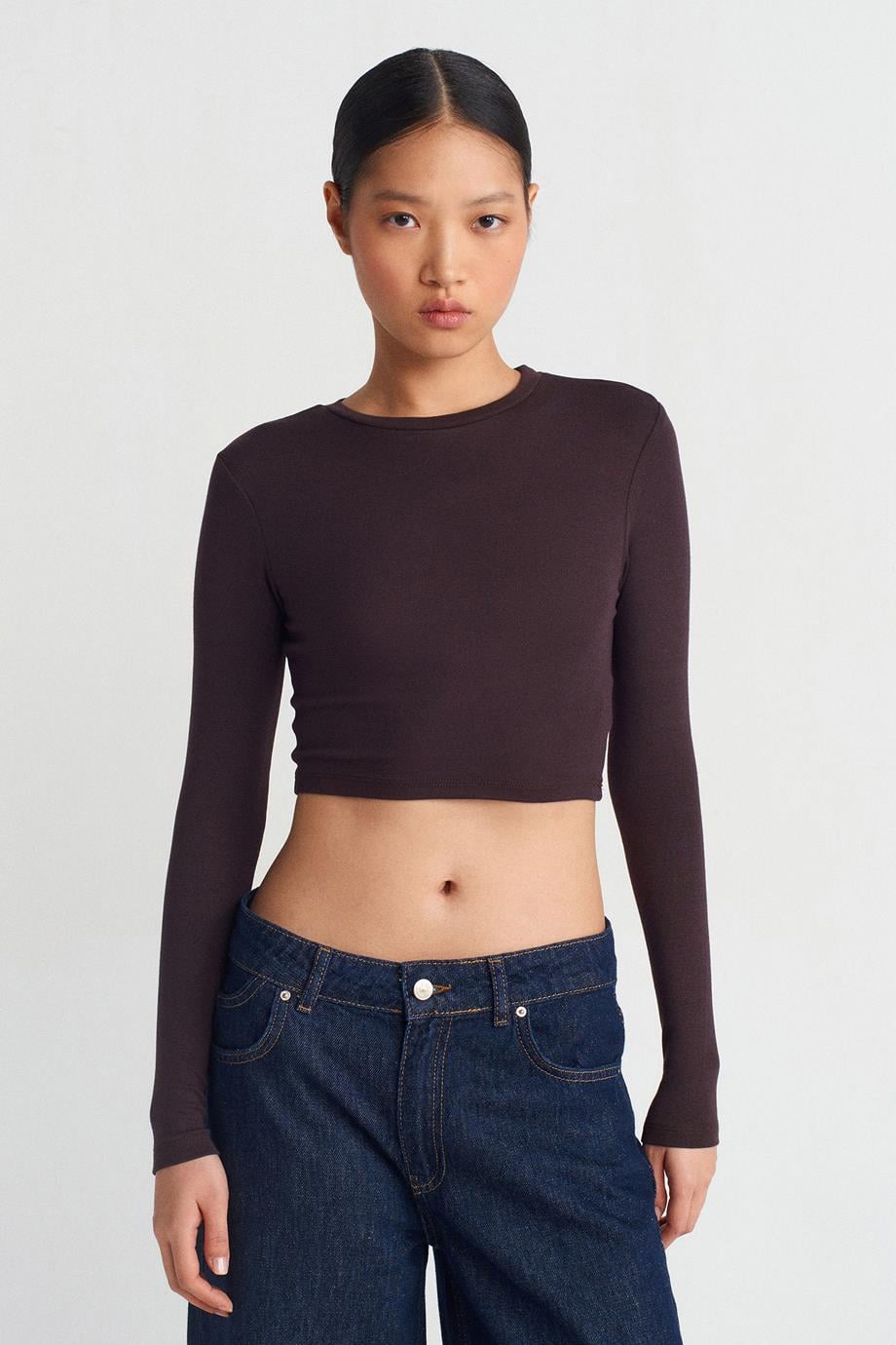 Uzun Kollu Kahve Kadın Crop 31236-2K5