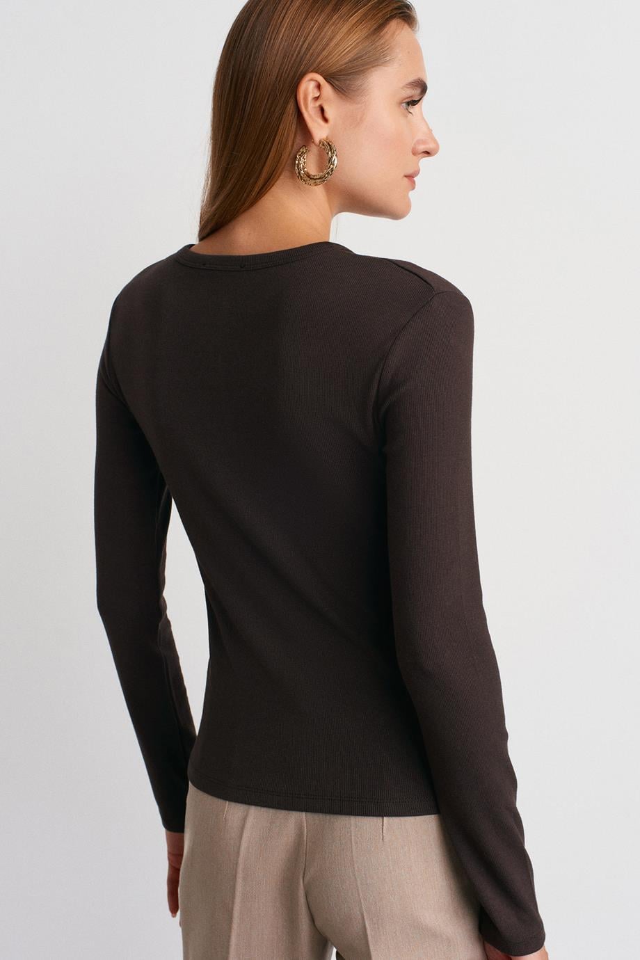 Çıtçıtlı Modal Karışımlı Top-Koyu Kahve 32024-2Y6