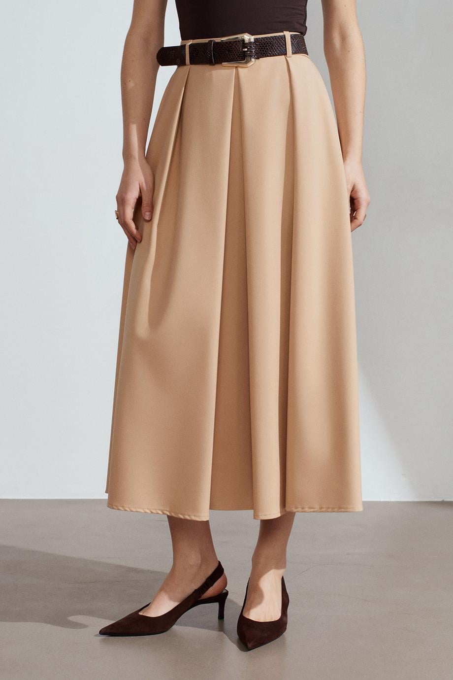 Kemerli Pileli Midi Camel Etek 81074-2Y6