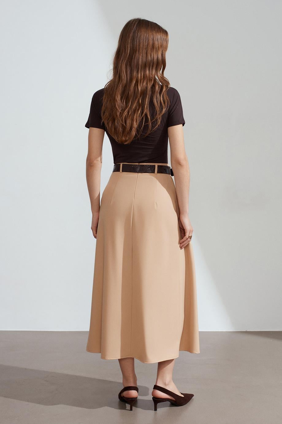 Kemerli Pileli Midi Camel Etek 81074-2Y6