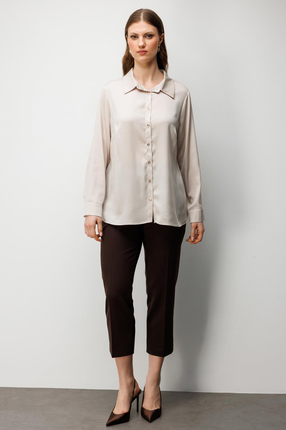 Büyük Beden Saten Görünümlü Gömlek Bej 2502-2Y6