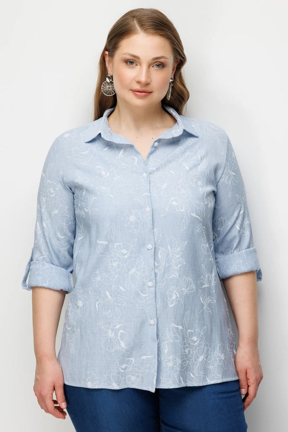 Polo Yaka Desenli Keten Gömlek Blue 2990-2Y6