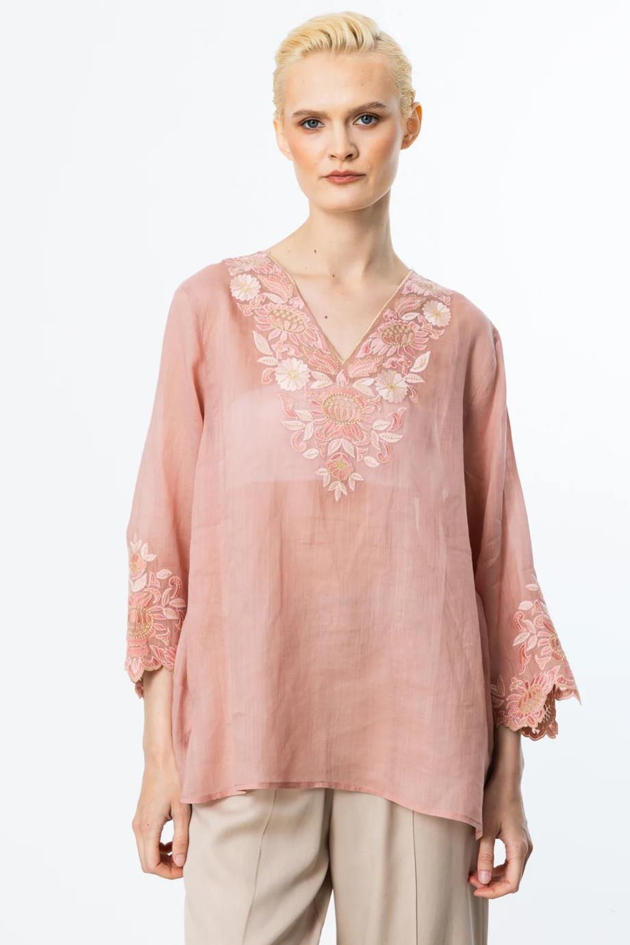 NAKIŞ DETAYLI KETEN PEMBE KADIN BLUZ 3936-2Y5