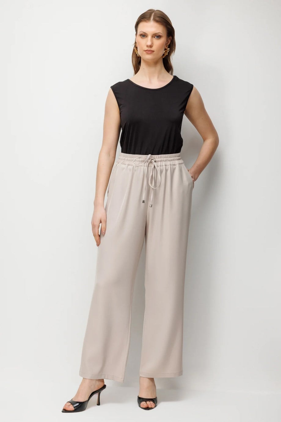 Beli Bağcıklı Bol Paça Pantolon Kum 4126-2Y6