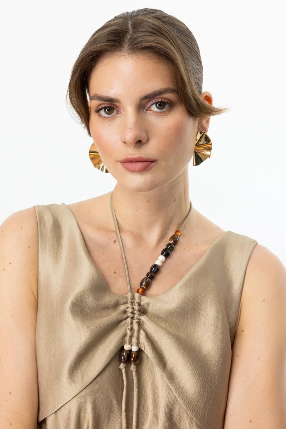 Boncuk Süslü Volanlı Maxi Gold Kadın Elbise S 5220-2Y5 5220-2Y5