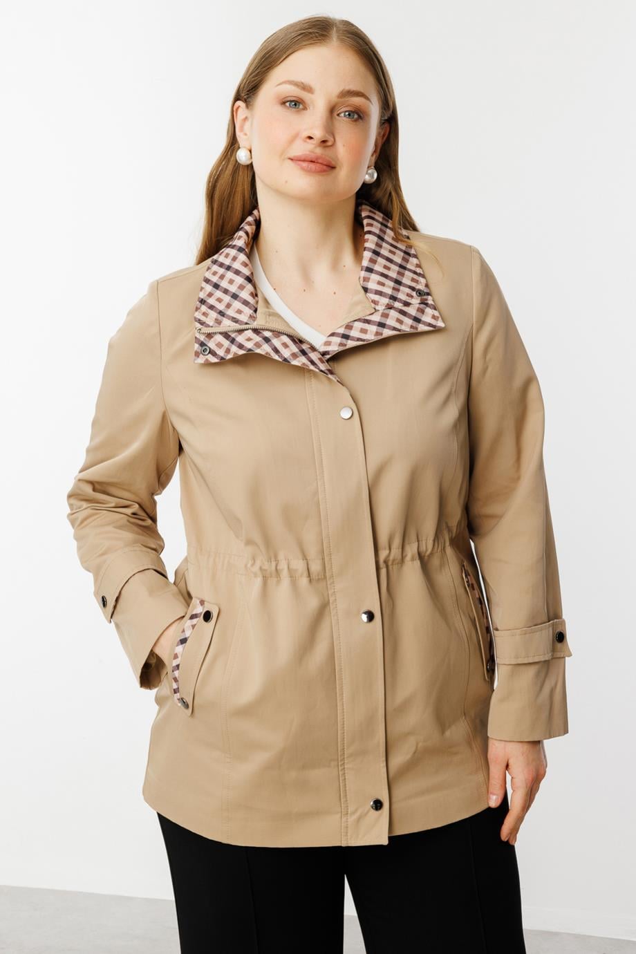 Ekose Detaylı Yan Cepli Camel Trençkot 7504-2Y5
