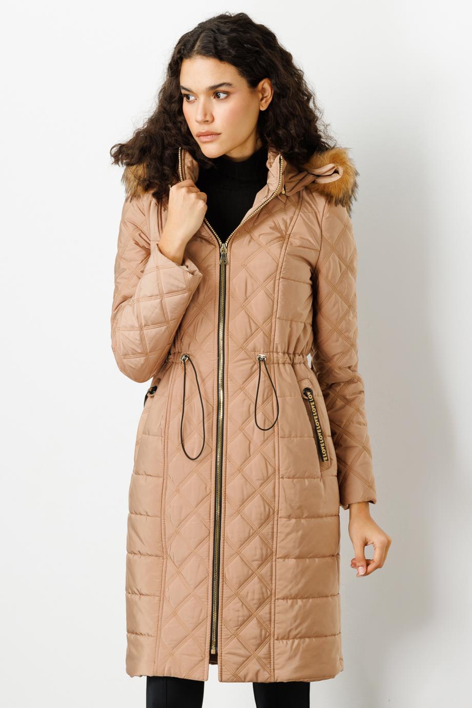 Ekol Kapişonlu Kapitone Kaban Ekru 7591-2K5