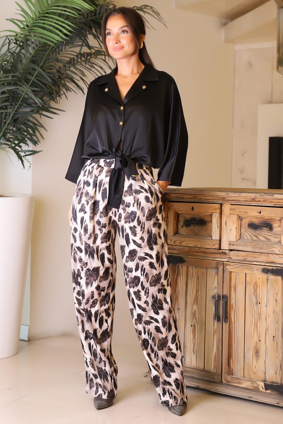 DESENLİ BOL PAÇA BEJ KADIN PANTOLON  42605-2K5