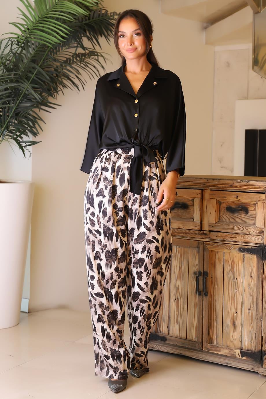 DESENLİ BOL PAÇA BEJ KADIN PANTOLON  42605-2K5