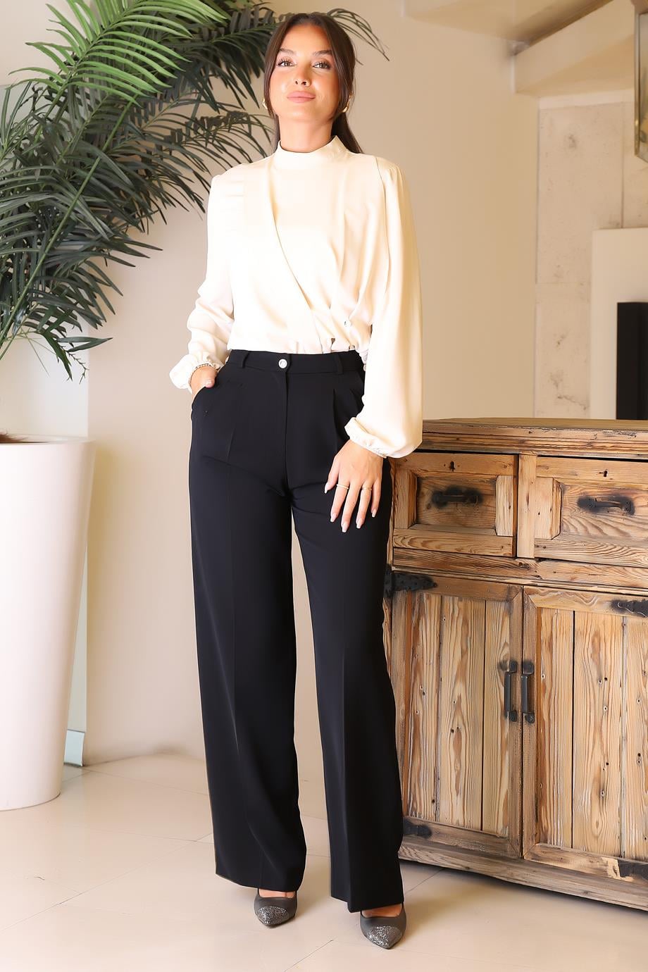 GENİŞ PAÇALI SİYAH KADIN PANTOLON 42631-2K5