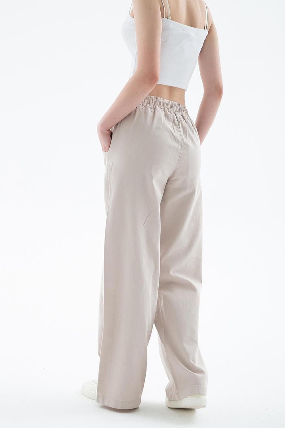 CEPLİ GENİŞ PAÇA BEJ KADIN PANTOLON  0042-2Y5