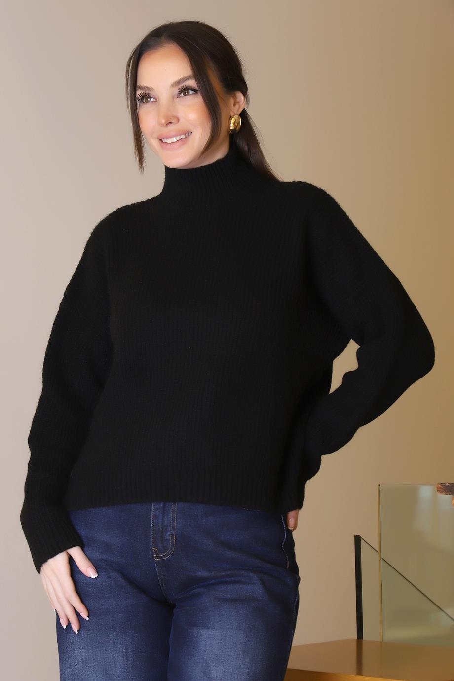 YARIM BALIKÇI UZUN KOLLU SİYAH KADIN KAZAK 0116-2K5