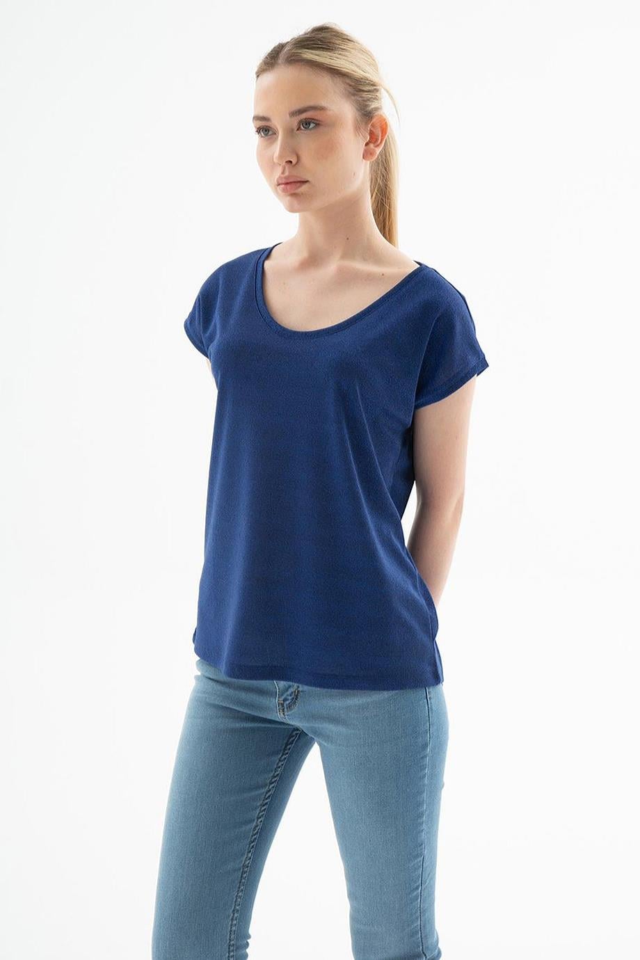 SIFIR YAKA KISA KOLLU SAKS KADIN BLUZ 0202-2Y5