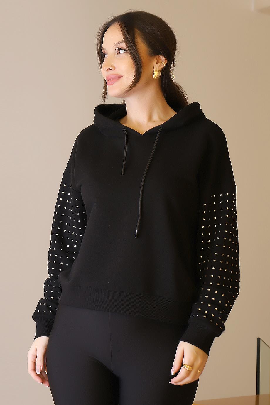 KOLLARI TAŞLI SİYAH KADIN SWEATSHİRT  0390-2K5