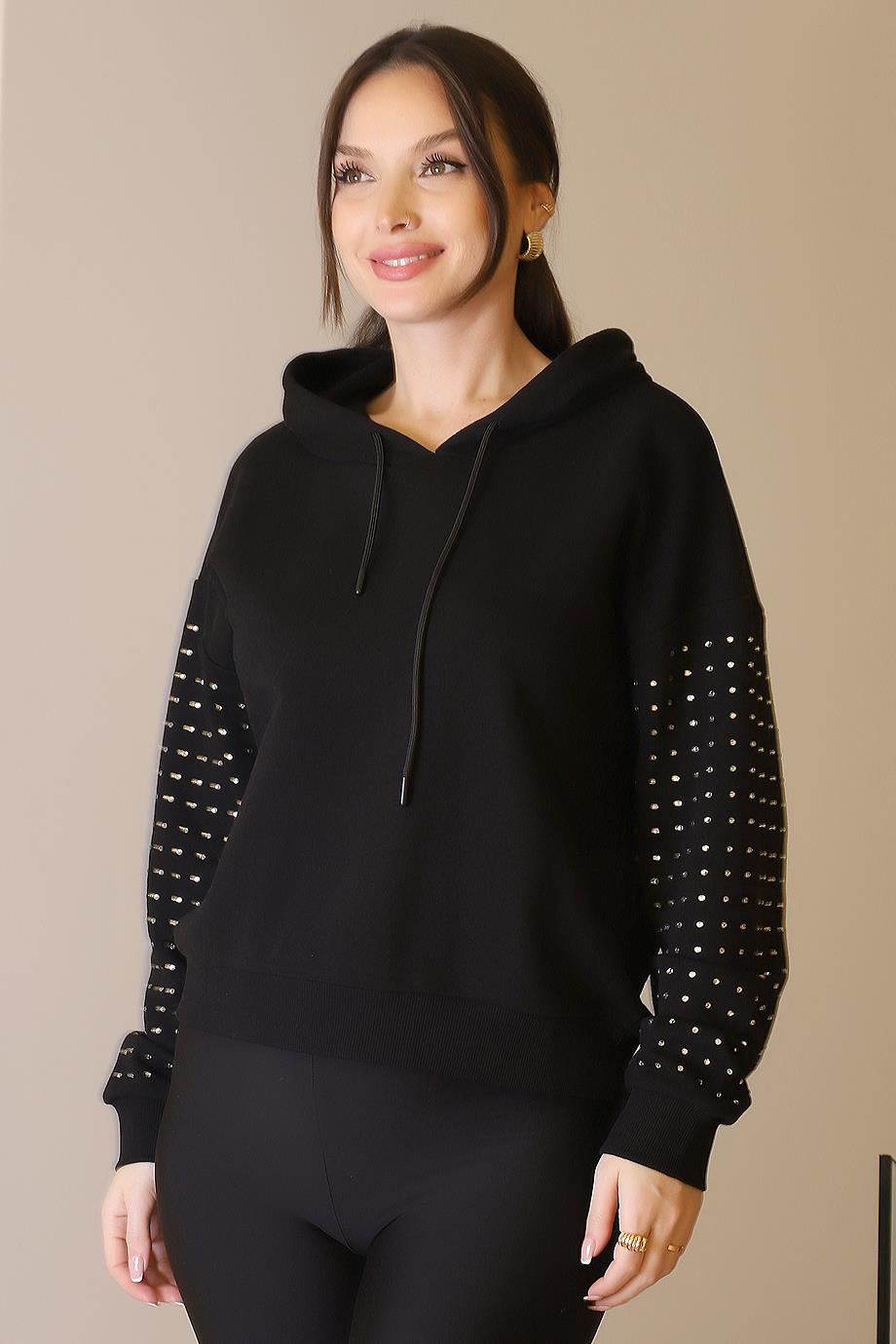 KOLLARI TAŞLI SİYAH KADIN SWEATSHİRT  0390-2K5