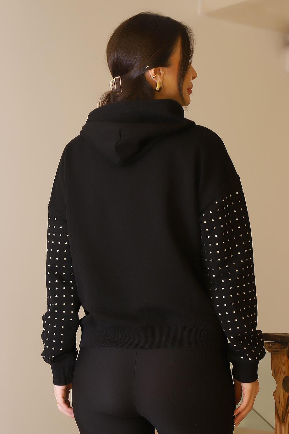 KOLLARI TAŞLI SİYAH KADIN SWEATSHİRT  0390-2K5