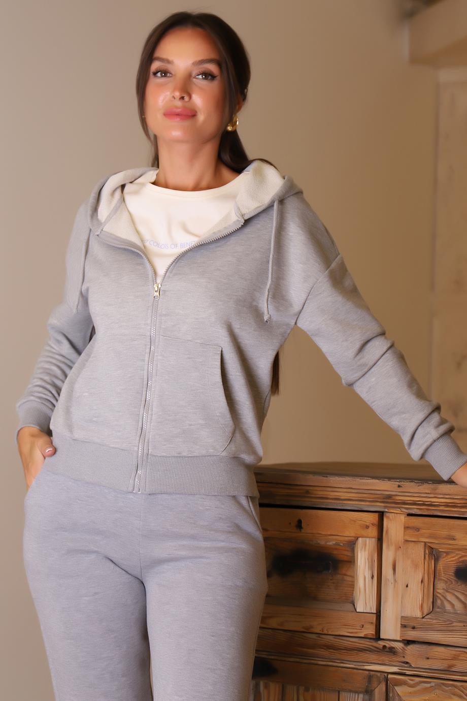 FERMUARLI KAPÜŞONLU GRİ KADIN SWEATSHİRT 0852-2K5