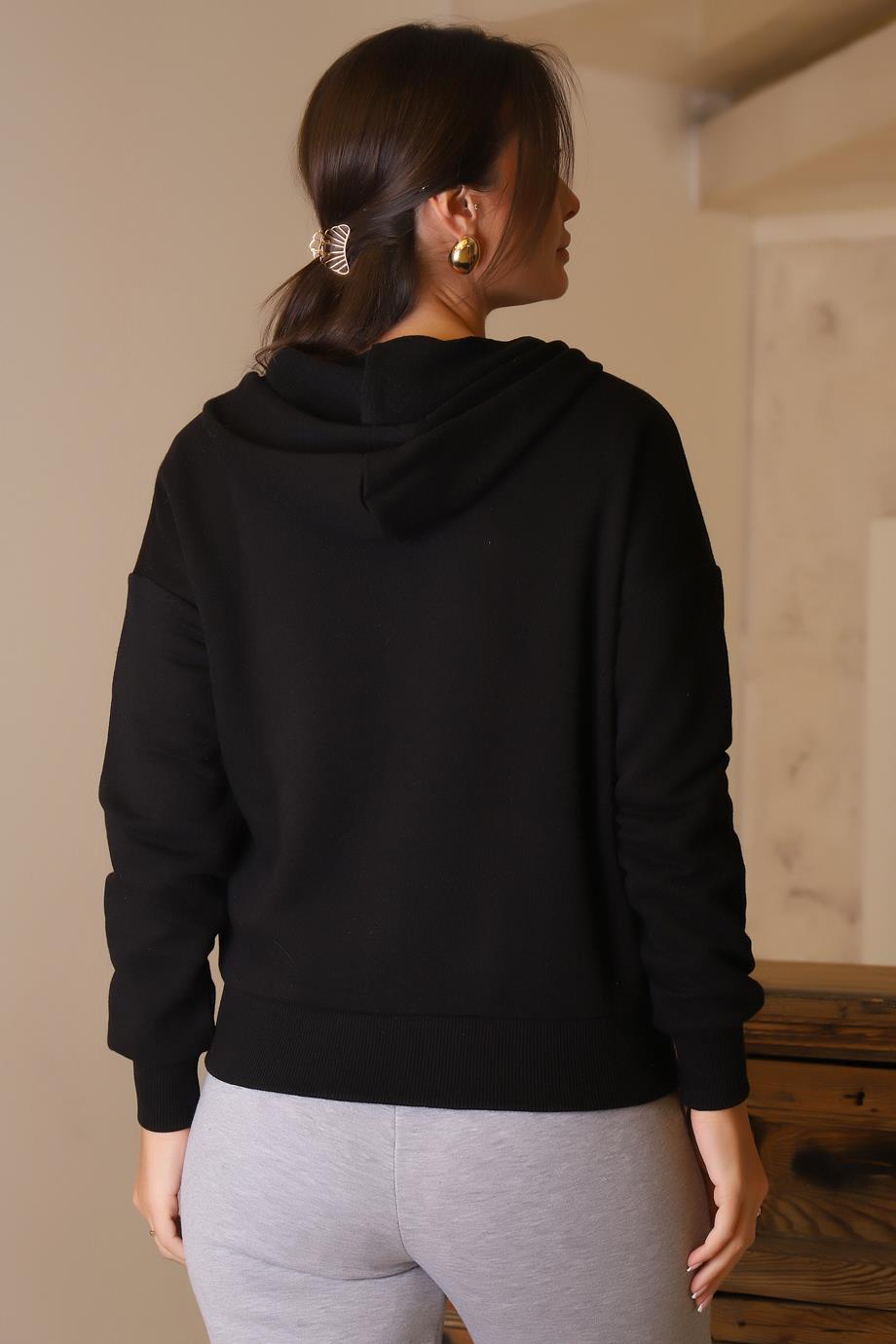 FERMUARLI KAPÜŞONLU SİYAH KADIN SWEATSHİRT 0852-2K5
