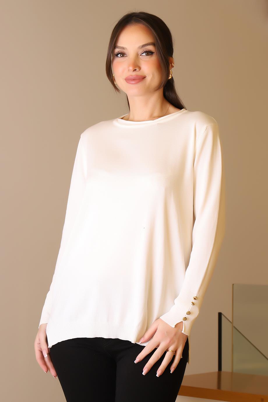 BİSİKLET YAKA KOLLARI DÜĞMELİ EKRU KADIN KAZAK 5575-2K5