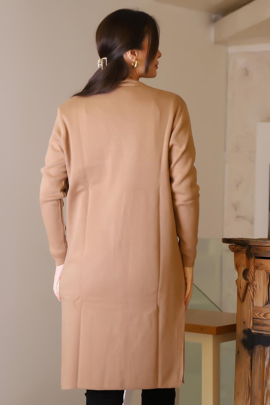 CAMEL CEPLİ UZUN KOLLU KADIN HIRKA 4341-2K5