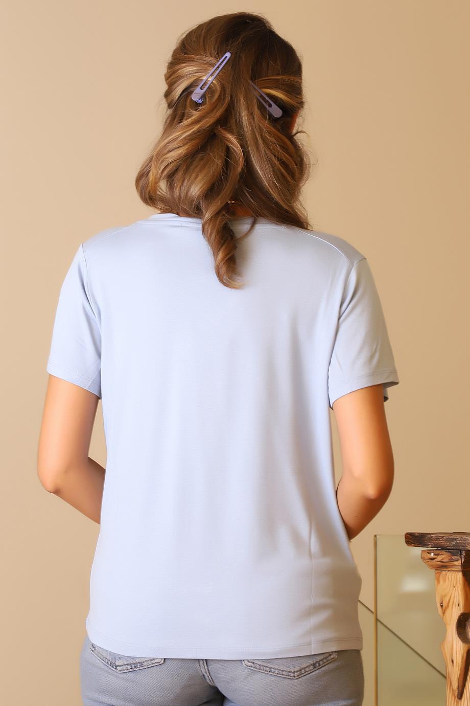KISA KOLLU V YAKA MAVİ KADIN BLUZ  717-2Y5