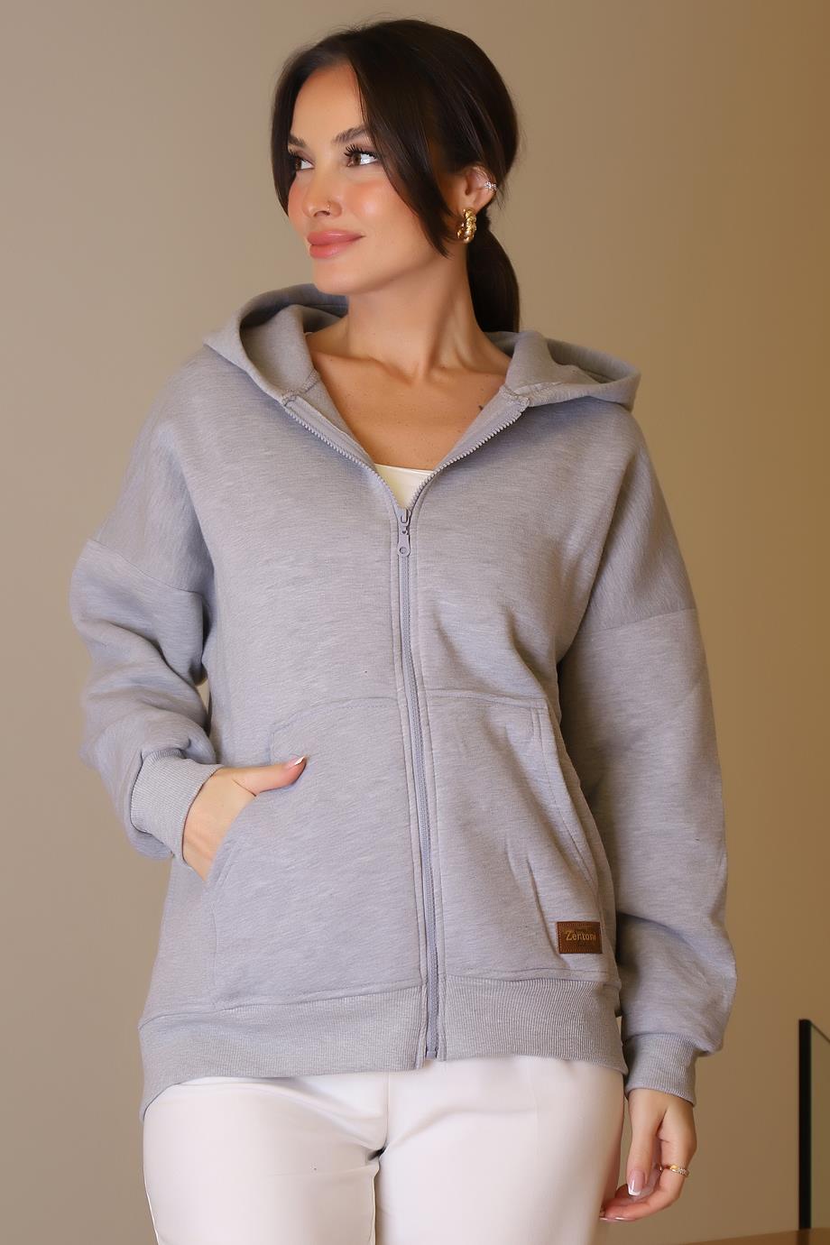 KANGURU CEPLİ GRİ KADIN SWEATSHİRT 3045-2K5