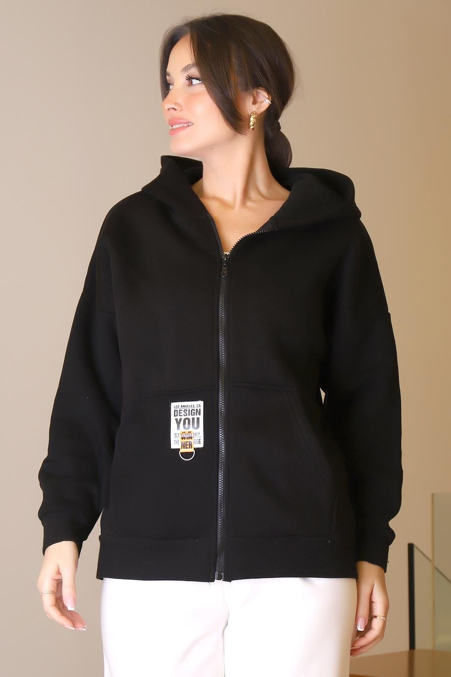 FERMUARLI KAPÜŞONLU SİYAH KADIN SWEATSHİRT  3064-2K5