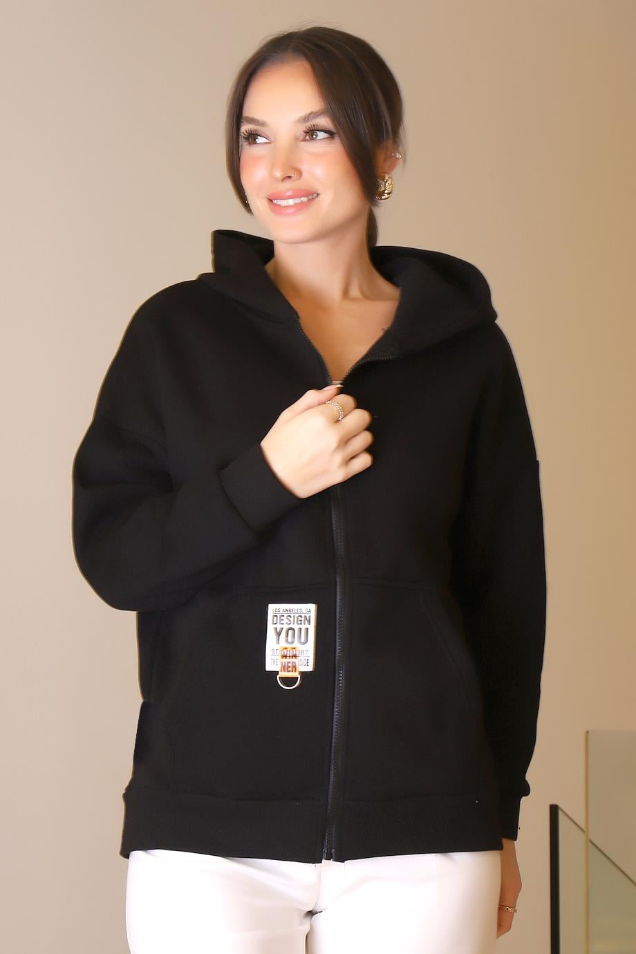 FERMUARLI KAPÜŞONLU SİYAH KADIN SWEATSHİRT  3064-2K5