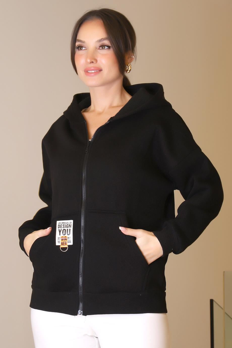FERMUARLI KAPÜŞONLU SİYAH KADIN SWEATSHİRT  3064-2K5