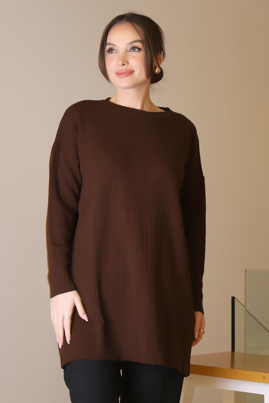 SIFIR YAKA UZUN KOLLU KAHVE KADIN TUNİK 6152-2K5