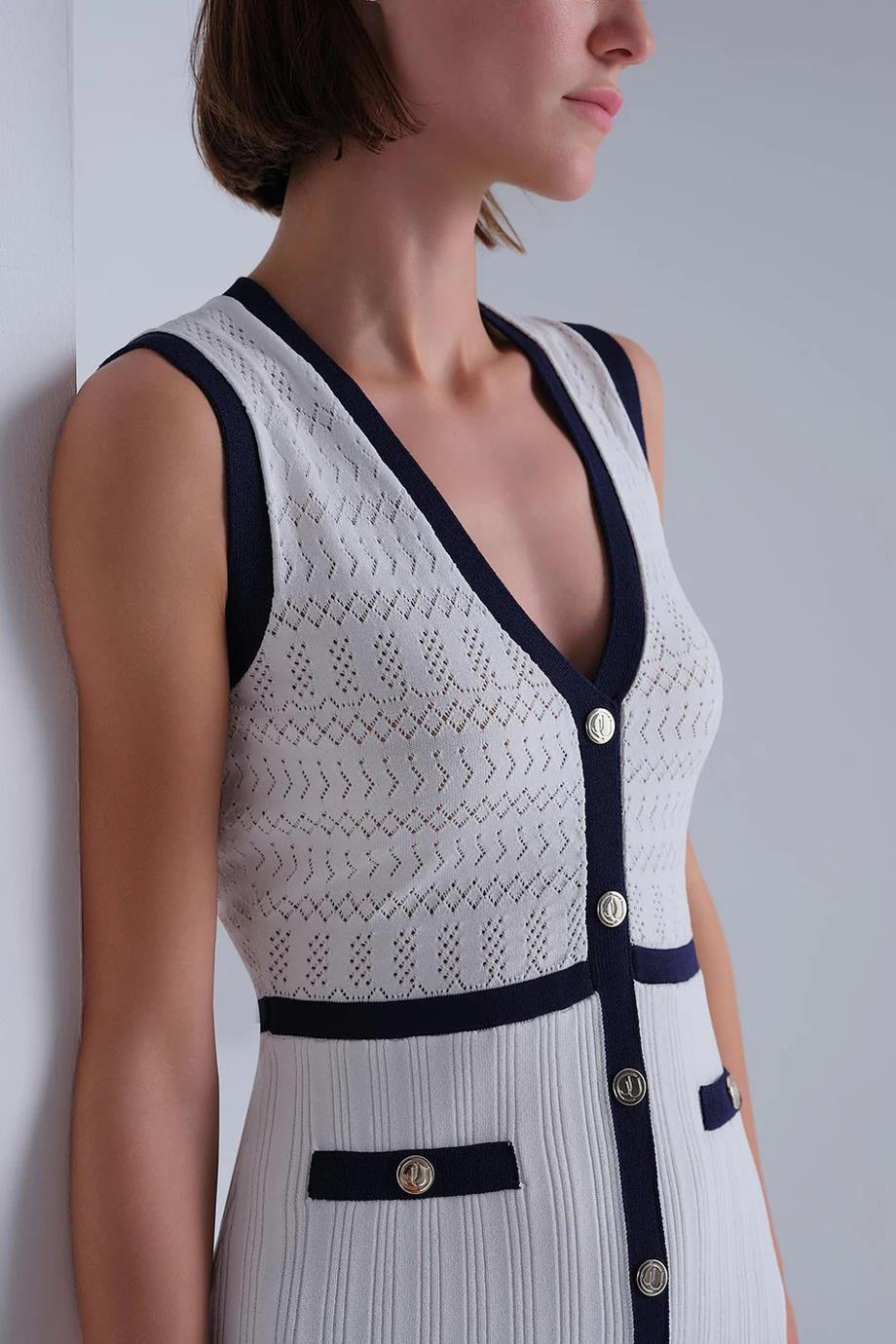 Lacivert Şerit Detaylı Beyaz Midi Elbise  043-2Y5