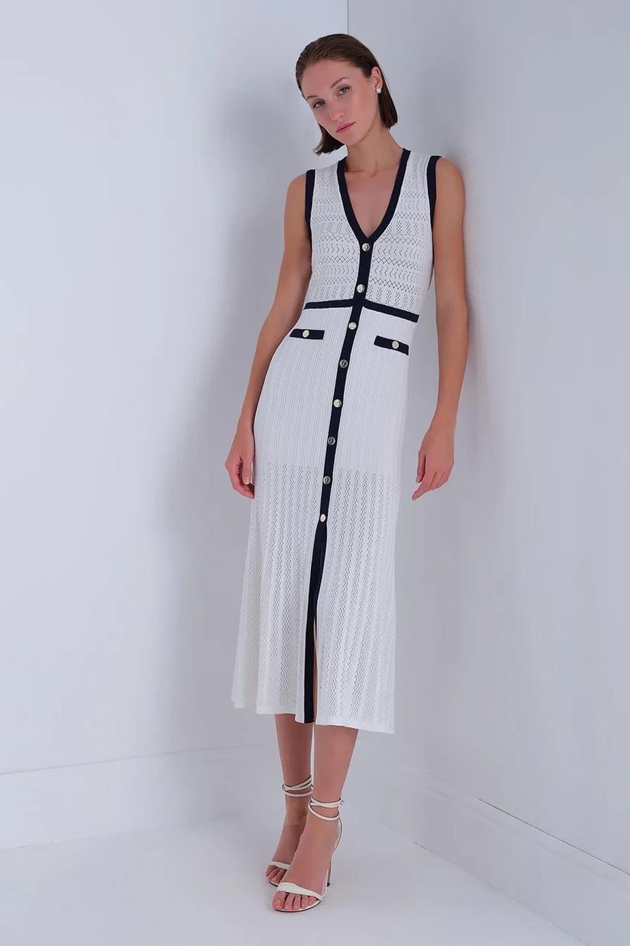 Lacivert Şerit Detaylı Beyaz Midi Elbise  043-2Y5