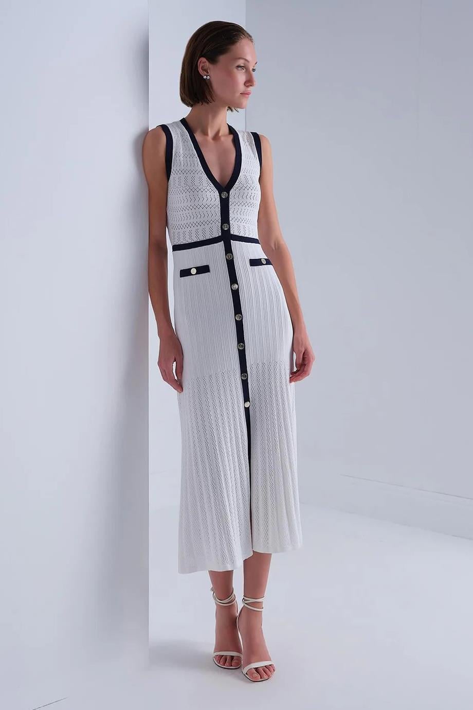 Lacivert Şerit Detaylı Beyaz Midi Elbise  043-2Y5