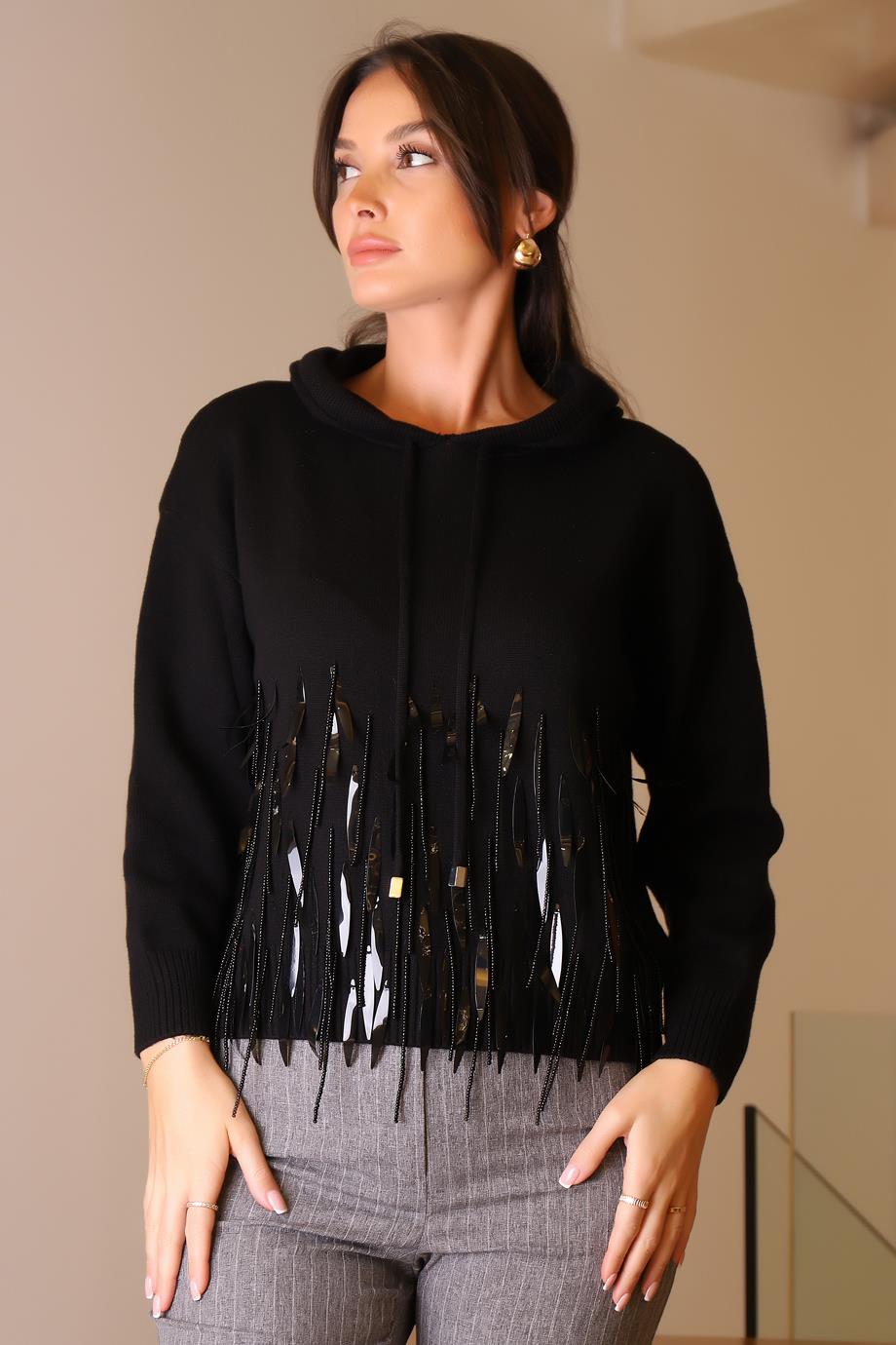 KAPÜŞONLU BONCUK İŞLEMELİ SİYAH KADIN KAZAK  120-2K5