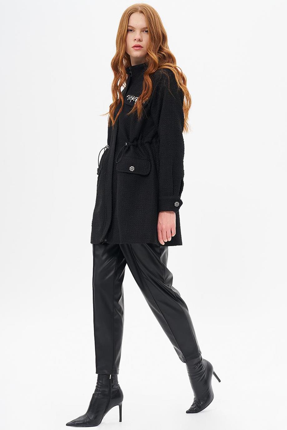 BELİ LASTİKLİ CEPLERİ İŞLEMELİ SİYAH KADIN CEKET 13097-2K5