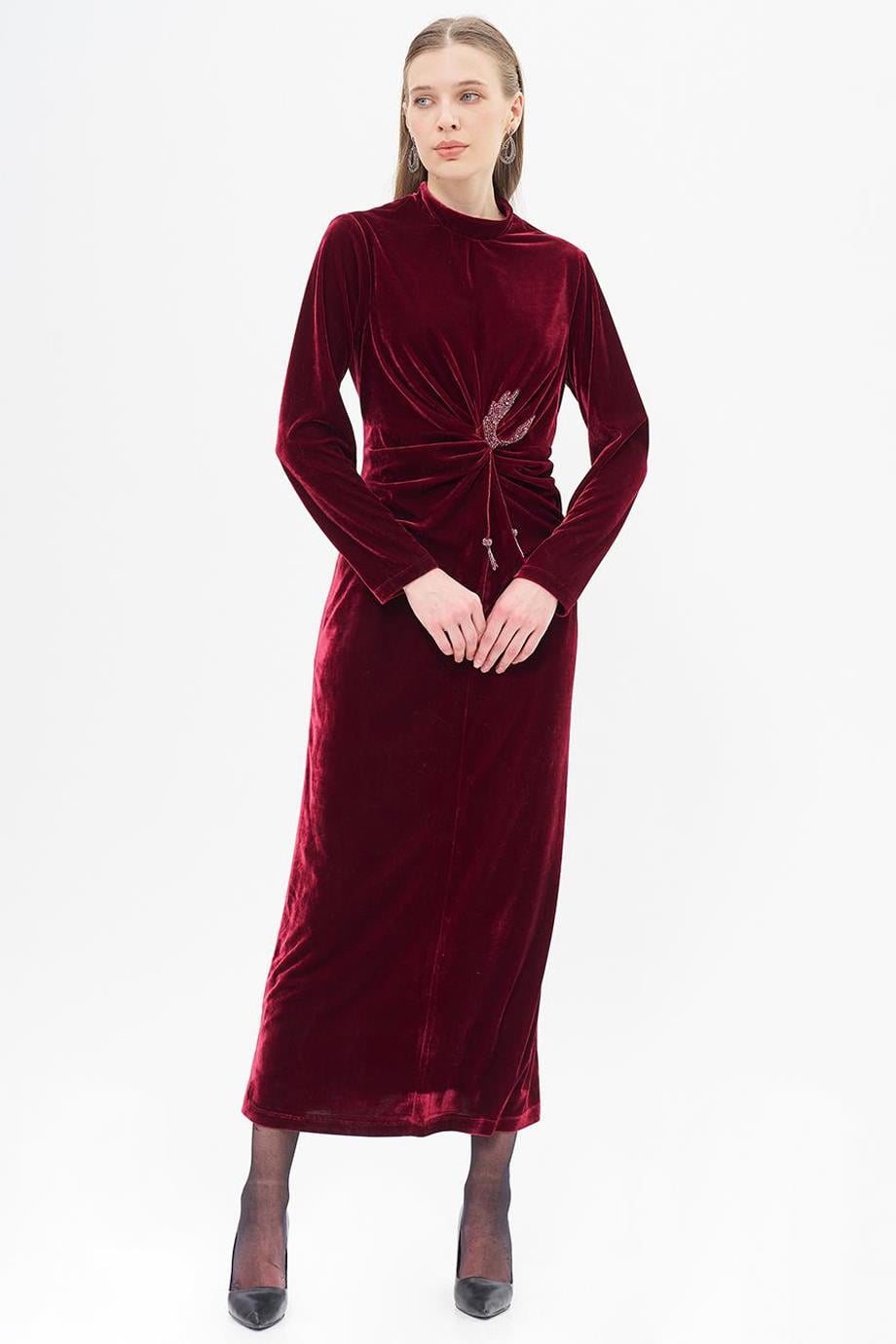 Aksesuar Detaylı Bordo Kadife Elbise  23040-2K5