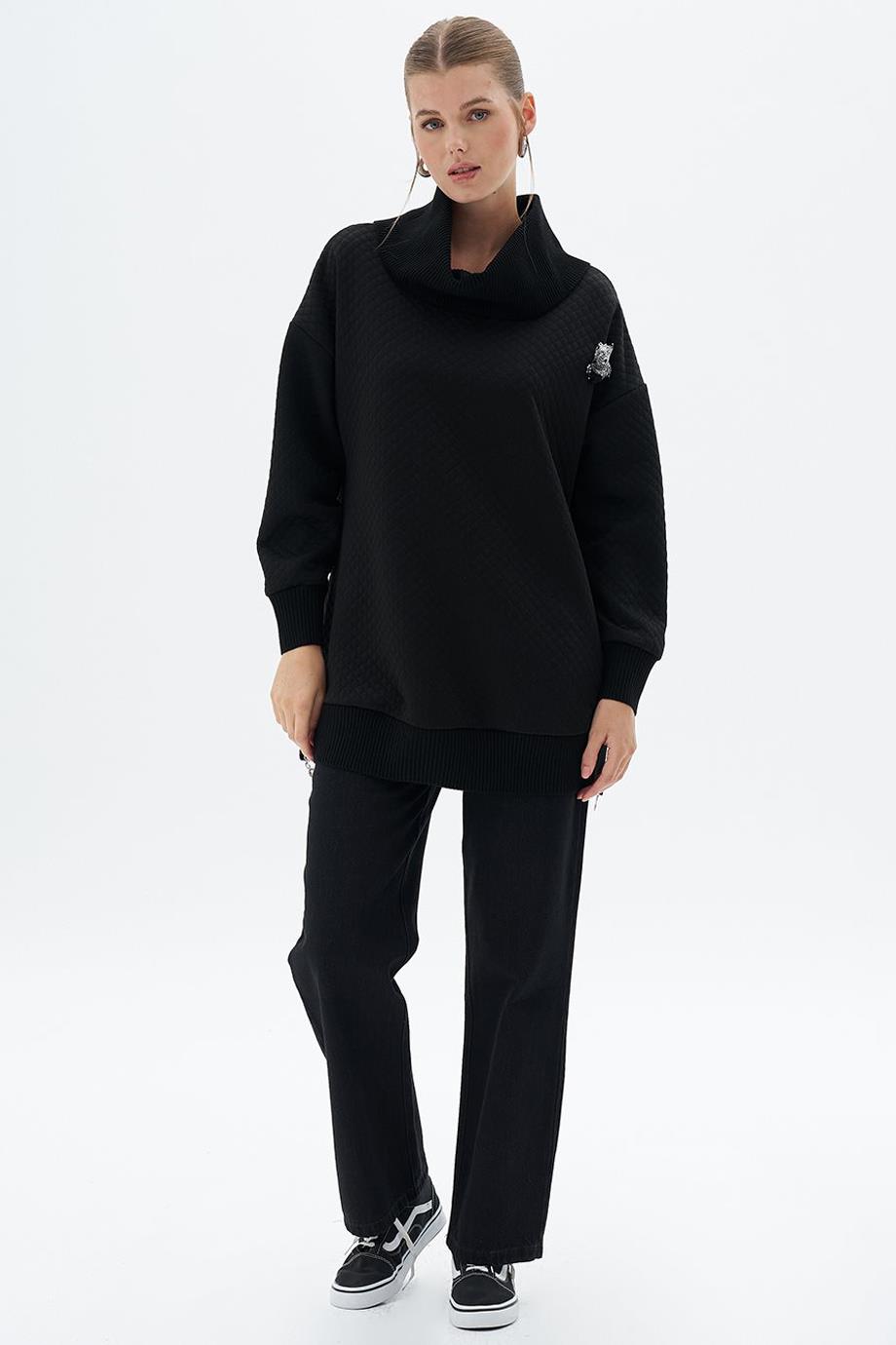 Triko Garnili Kapitoneli Siyah Kadın Sweatshirt  31007-2K5