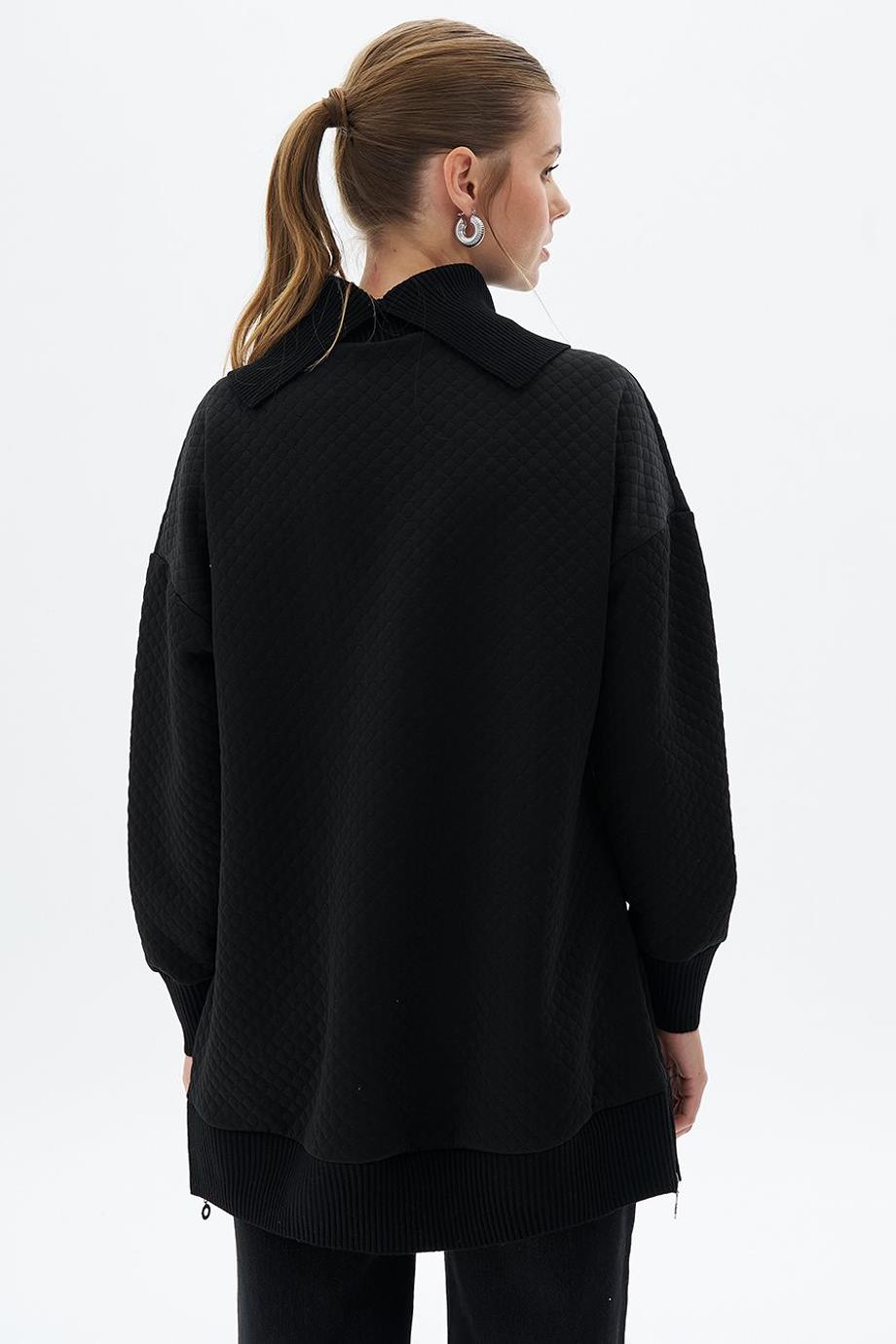 Triko Garnili Kapitoneli Siyah Kadın Sweatshirt  31007-2K5