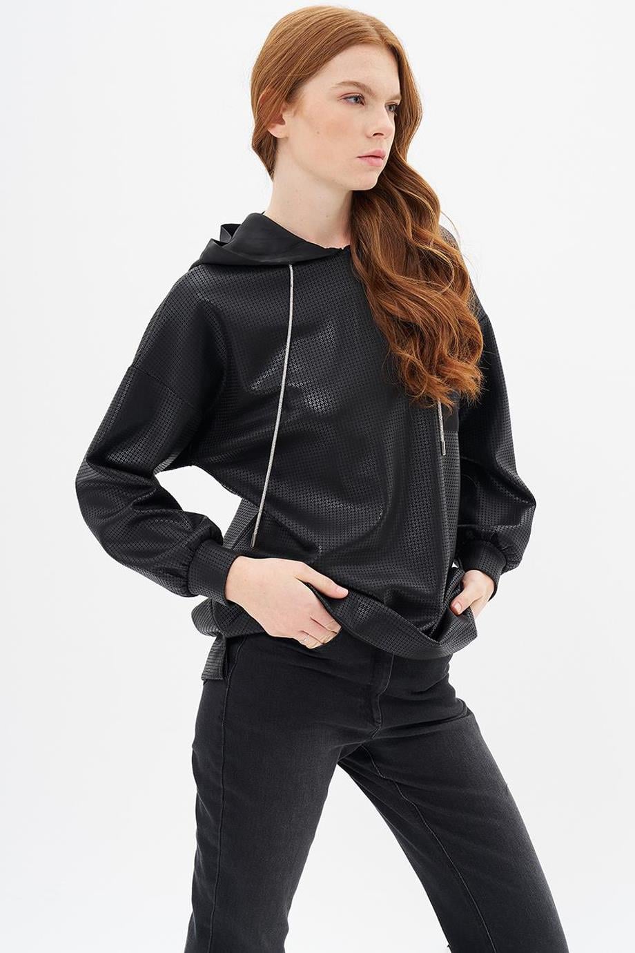 Pul Payetli Siyah Kadın Sweatshirt  31025-2K5
