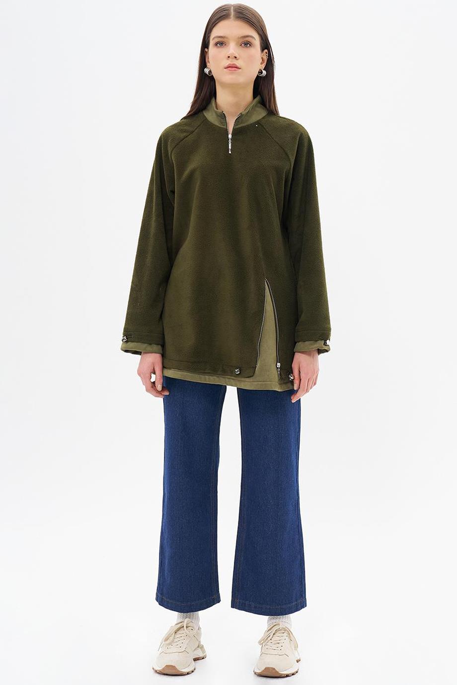 Fermuar Detaylı Peluş Haki Kadın Sweatshirt  31042-2K5