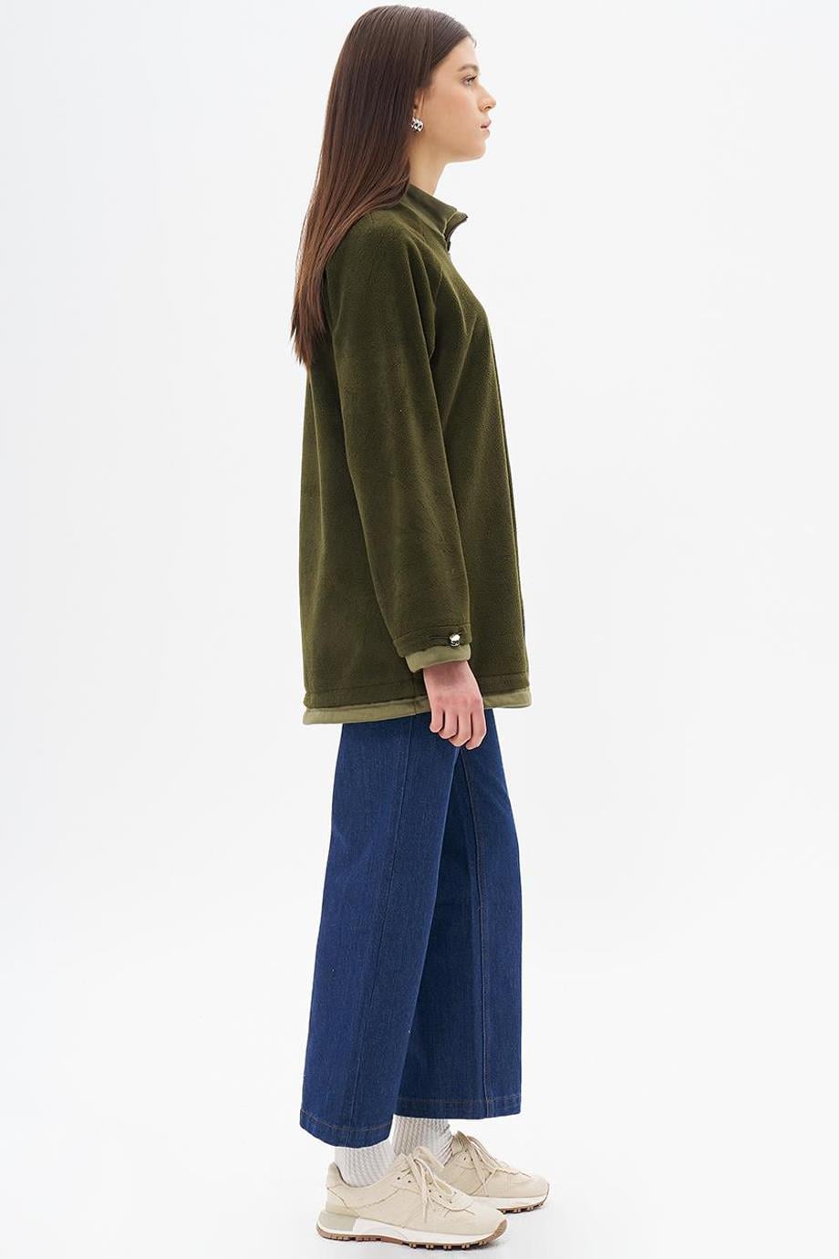 Fermuar Detaylı Peluş Haki Kadın Sweatshirt  31042-2K5