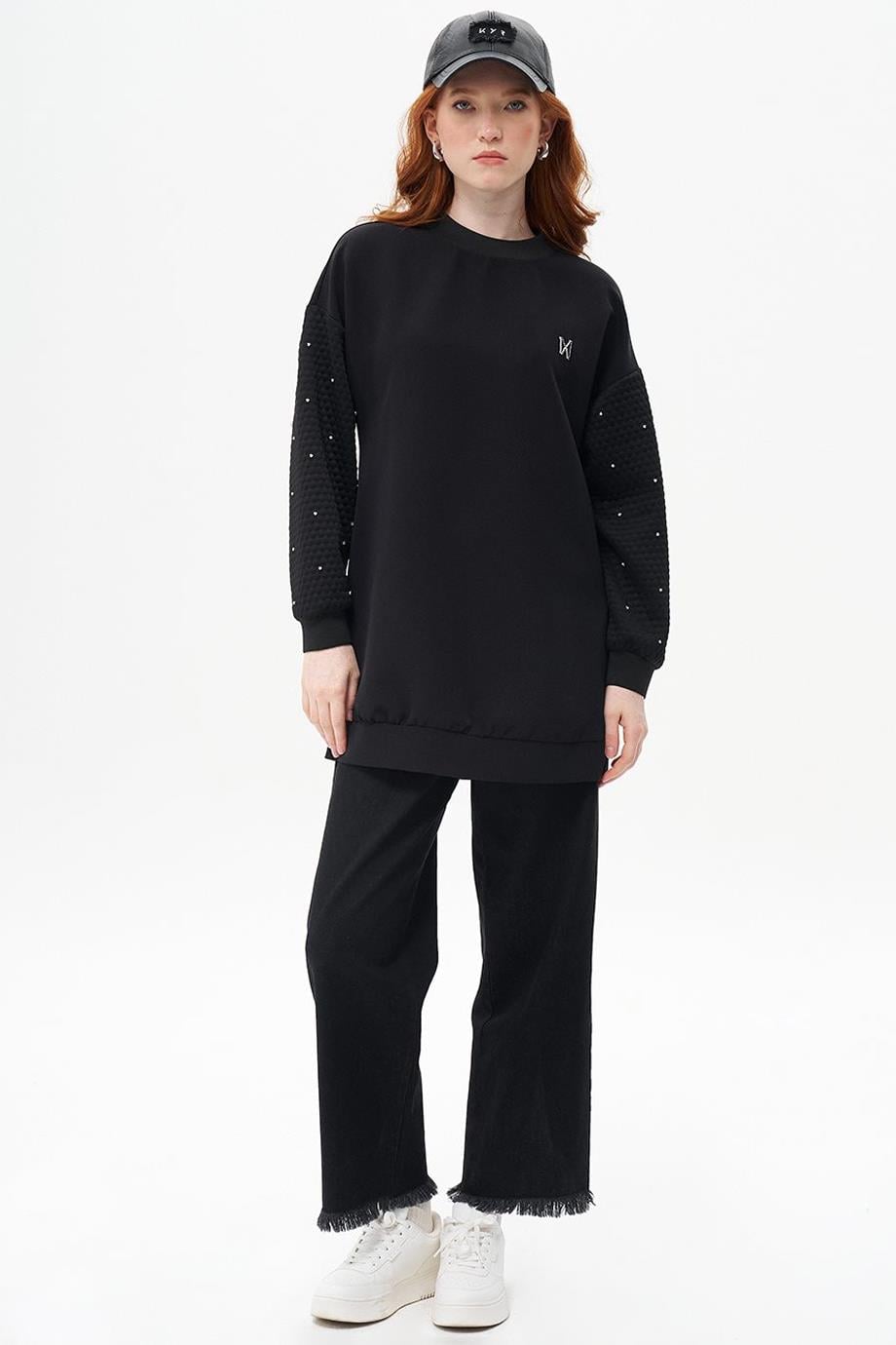 Sıfır Yaka Kolu Taşlı Siyah Kadın Sweatshirt  70024-2K5
